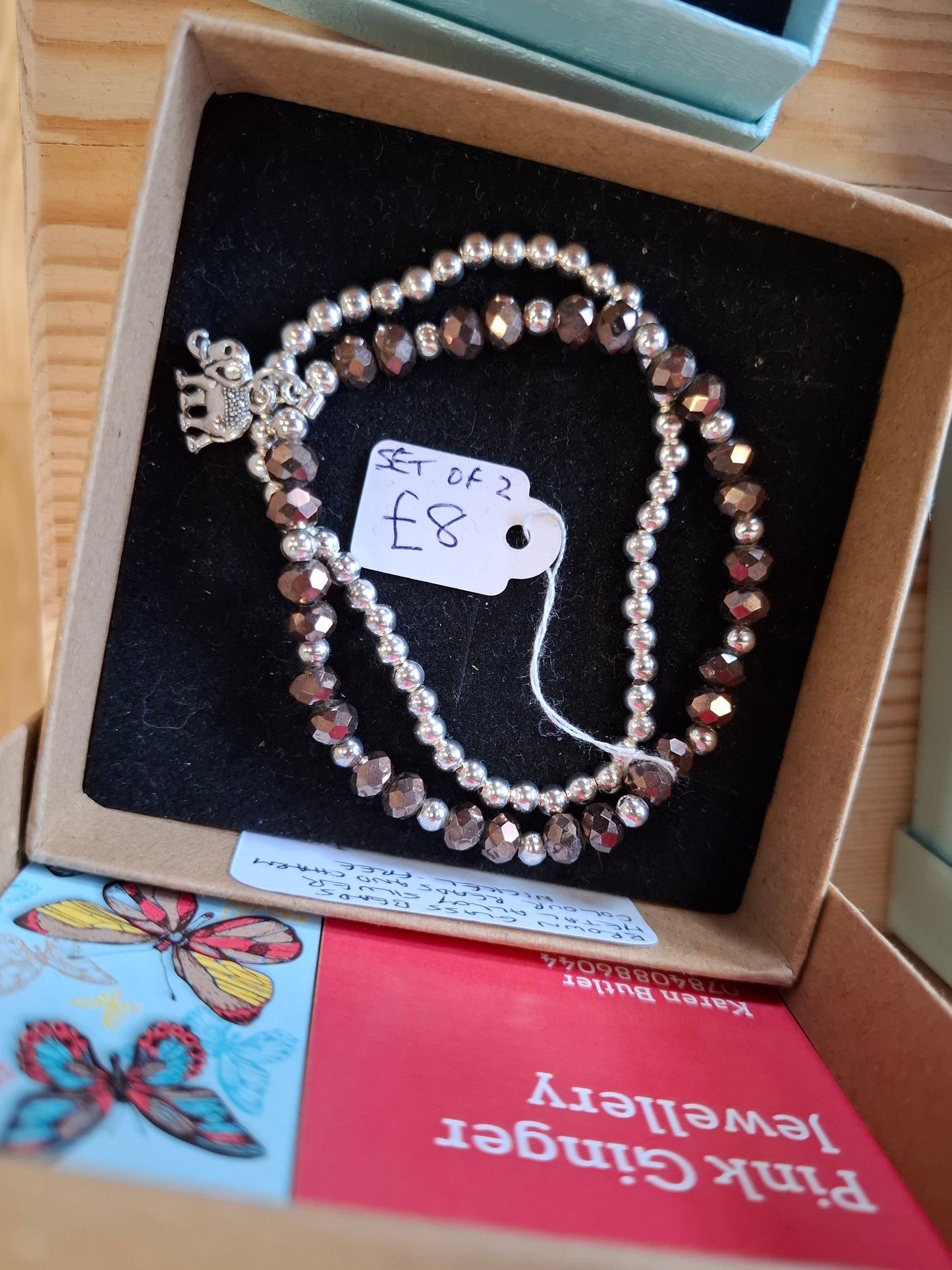 Brown Glass Bead Elephant charm bracelet set