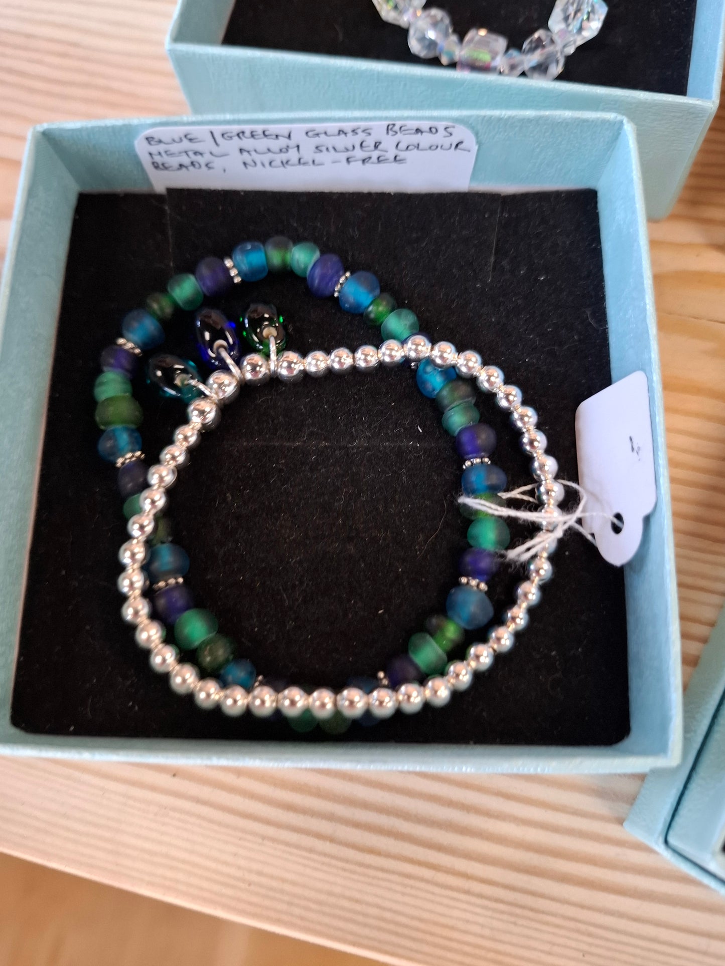 Blue and Green set of 2 glass bead bracelet