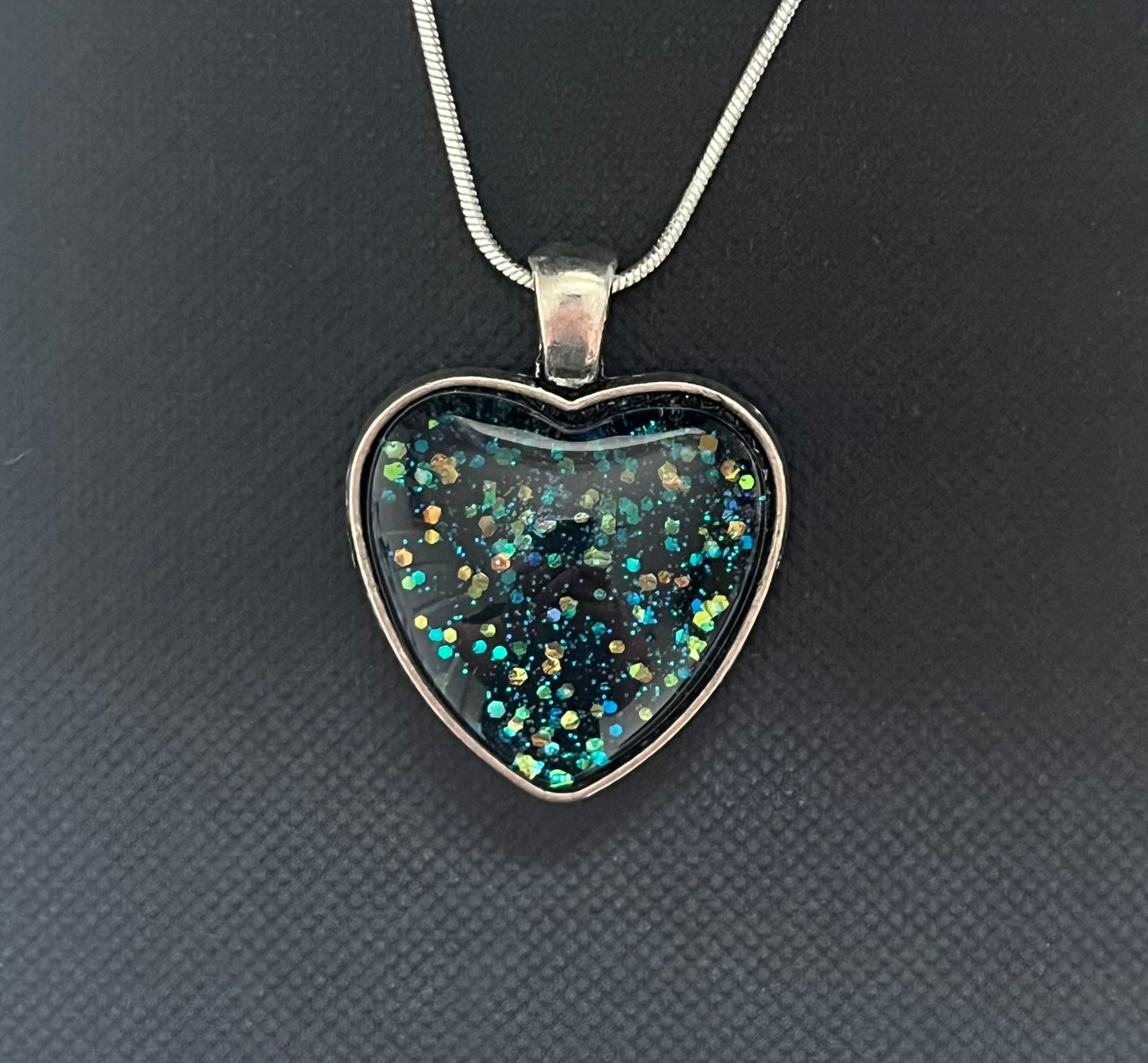 Heart Shaped Black and Green/Gold/Blue Sparkle Necklace