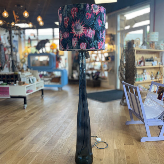 Floral Patterned Velvet Lamp Shade with Blue Glass Base