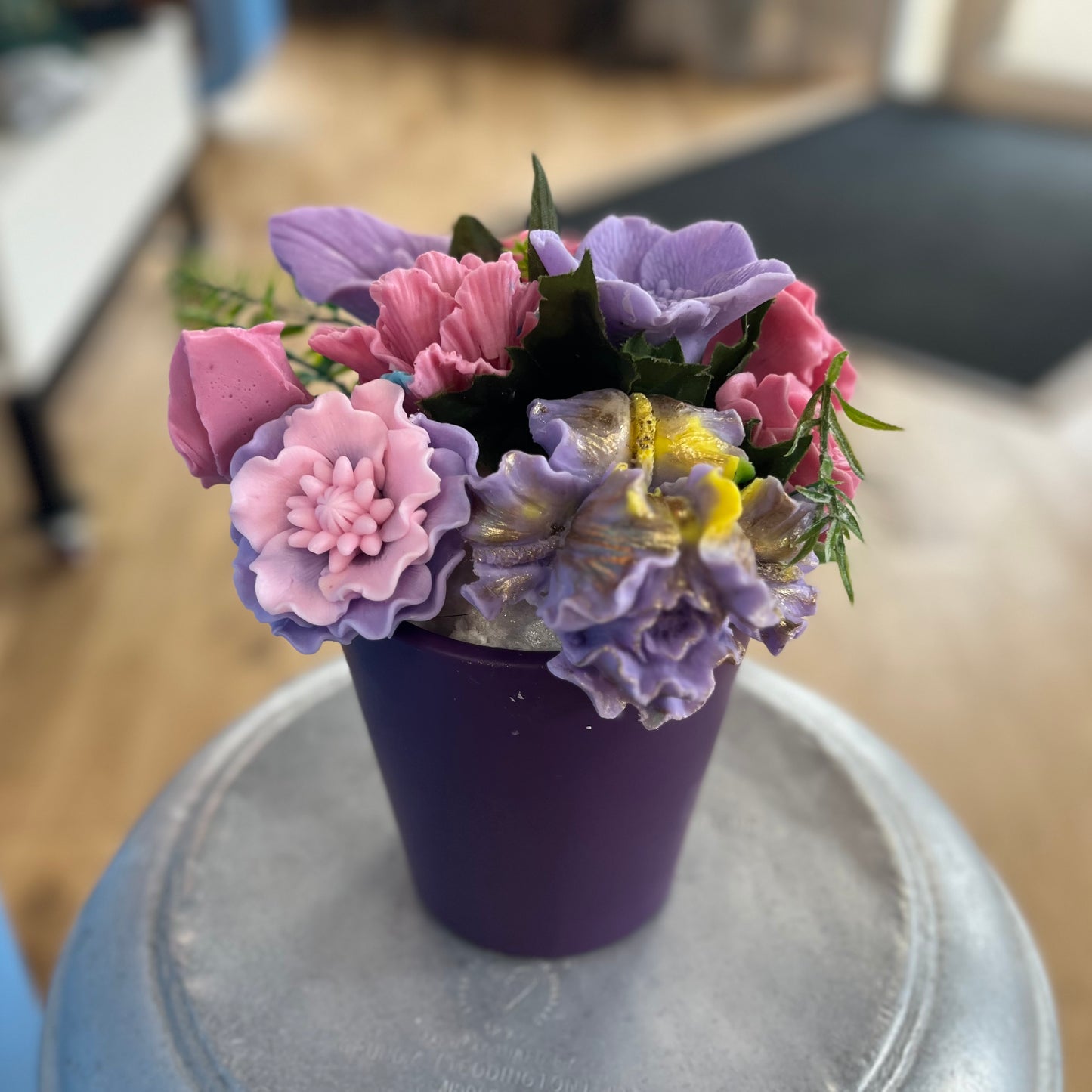 Soap Flowers in Purple Vase