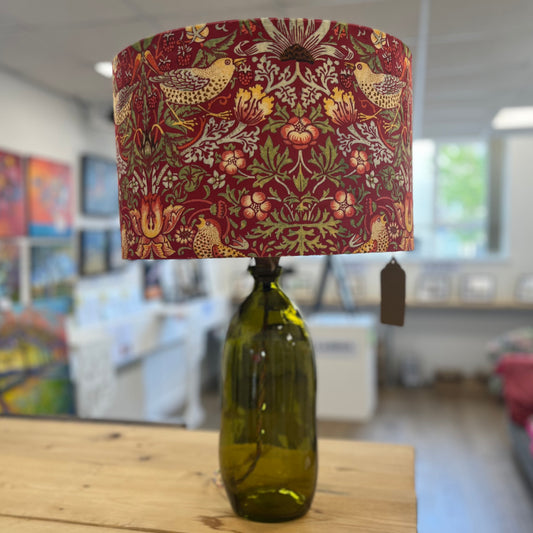 Bird and Plant Patterned Velvet Lamp Shade with Recycled Green Glass Base