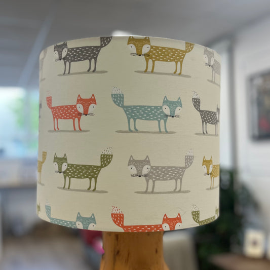 Fox Patterned Lamp Shade with Rustic Pine Base