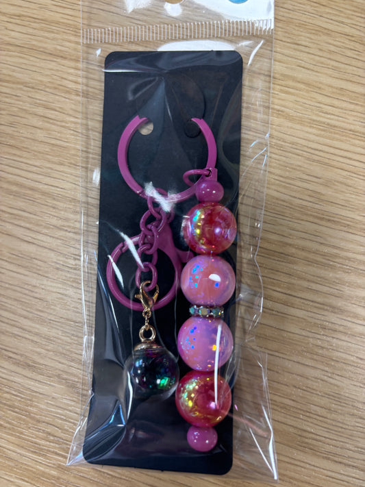 Pink Beaded with Glass Charm - Keyring