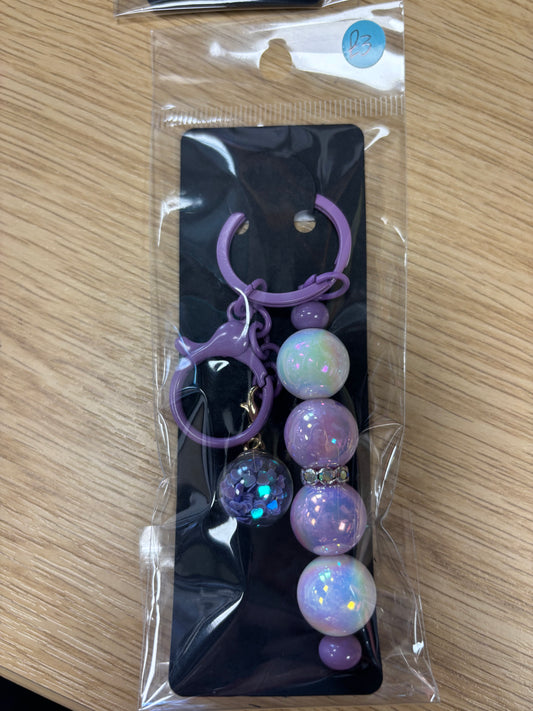 Purple White Beaded with Glass Charm - Keyring