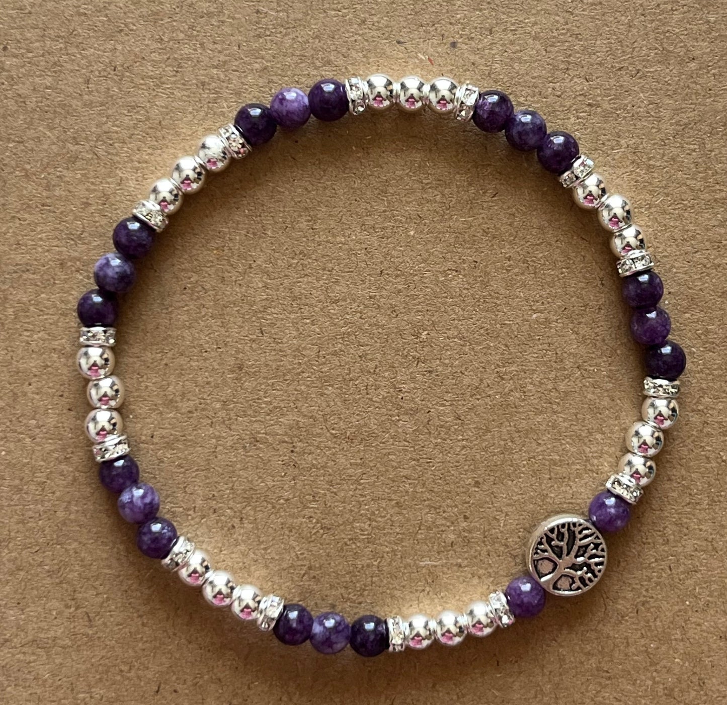 Purple and Silver Tree of Life Bead Charm Bracelet